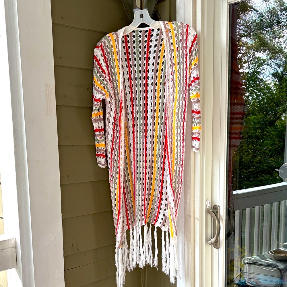 Colorful Crochet duster or coverup with awesome fringe! Sz S. Fits like a 2-4